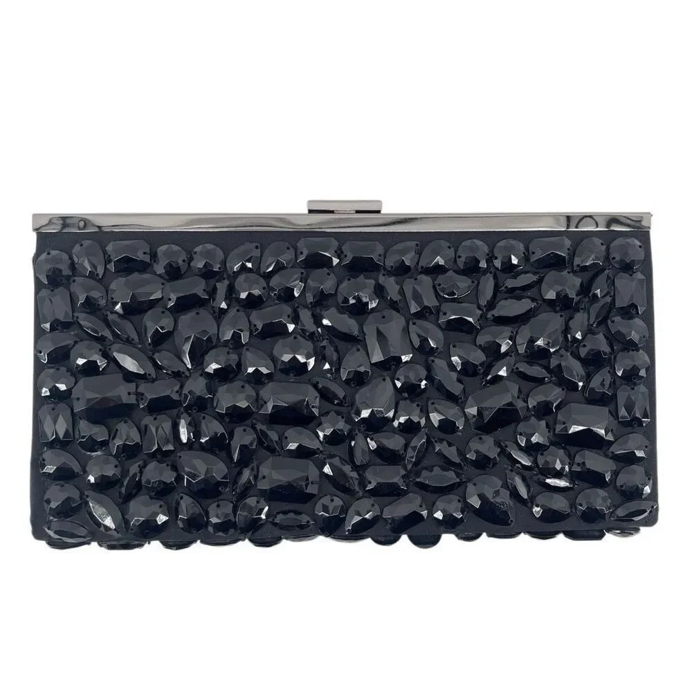 White House Black Market Black Faceted Beaded Evening Clutch Hard Case - Picture 1 of 11